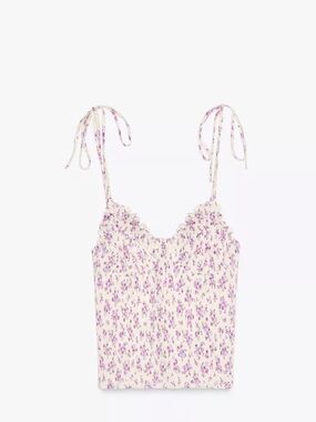 Zara medium shirred Floral Tie-Shoulder Camisole in Cream and Lilac